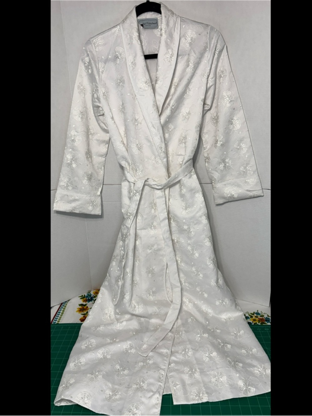 Vintage Michel Robichaud White Floral Embroidered Satin Robe with Tie Belt